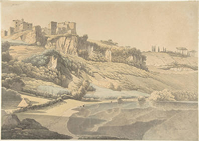 Desenho de Knip do Lago Nemi (1777-1847) - mostrando parte do lago e da vila como eram na época do desenho no topo de um penhasco.